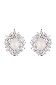 White Finish Cubic Zircons & Pearls Stud Earrings In Sterling Silver