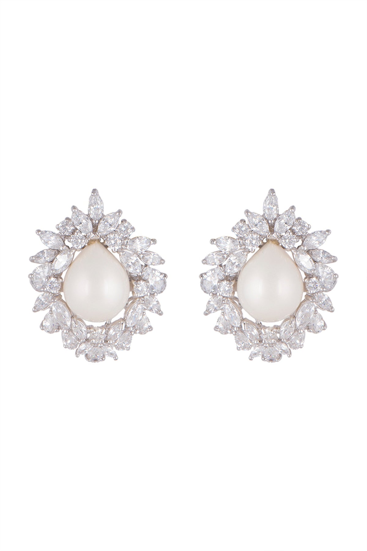White Finish Cubic Zircons & Pearls Stud Earrings In Sterling Silver