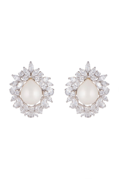 White Finish Cubic Zircons & Pearls Stud Earrings In Sterling Silver
