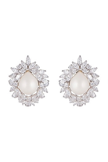 White Finish Cubic Zircons & Pearls Stud Earrings In Sterling Silver