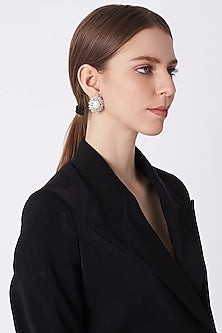 White Finish Cubic Zircons & Pearls Stud Earrings In Sterling Silver