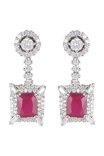 White Finish Cubic Zircons & Ruby Earrings