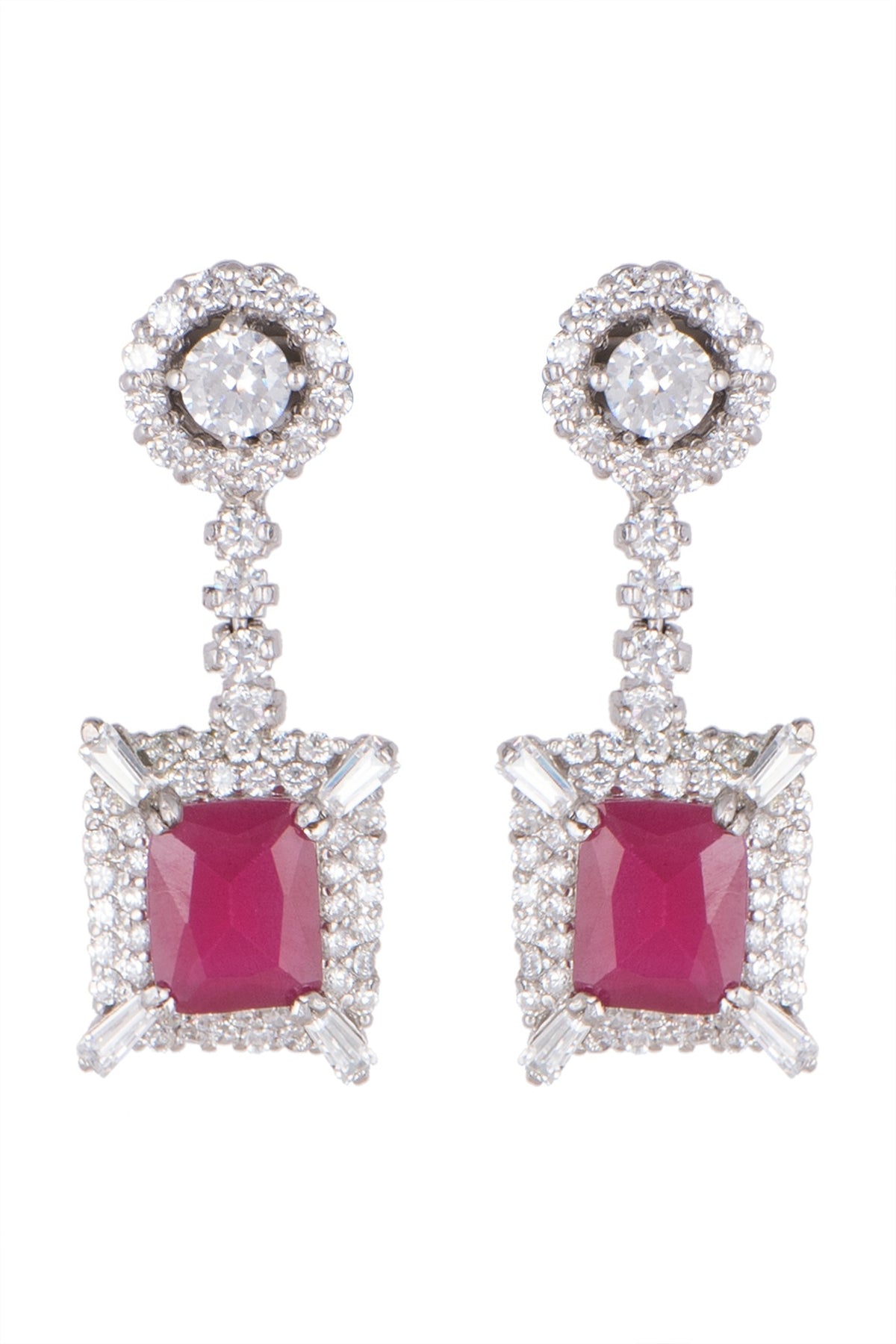 White Finish Cubic Zircons & Ruby Earrings