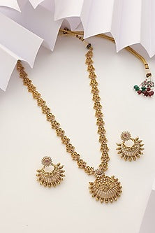 Gold Finish Handcrafted Temple Long Necklace Set