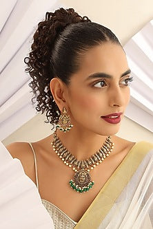 Gold Finish Handcrafted Green Stone Temple Necklace Set