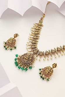 Gold Finish Handcrafted Green Stone Temple Necklace Set