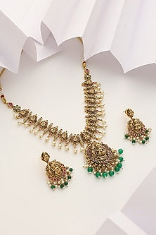 Gold Finish Handcrafted Green Stone Temple Necklace Set