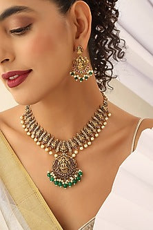 Gold Finish Handcrafted Green Stone Temple Necklace Set