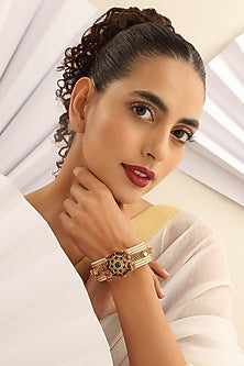 Gold Finish Handcrafted Red & Green Stone Kada