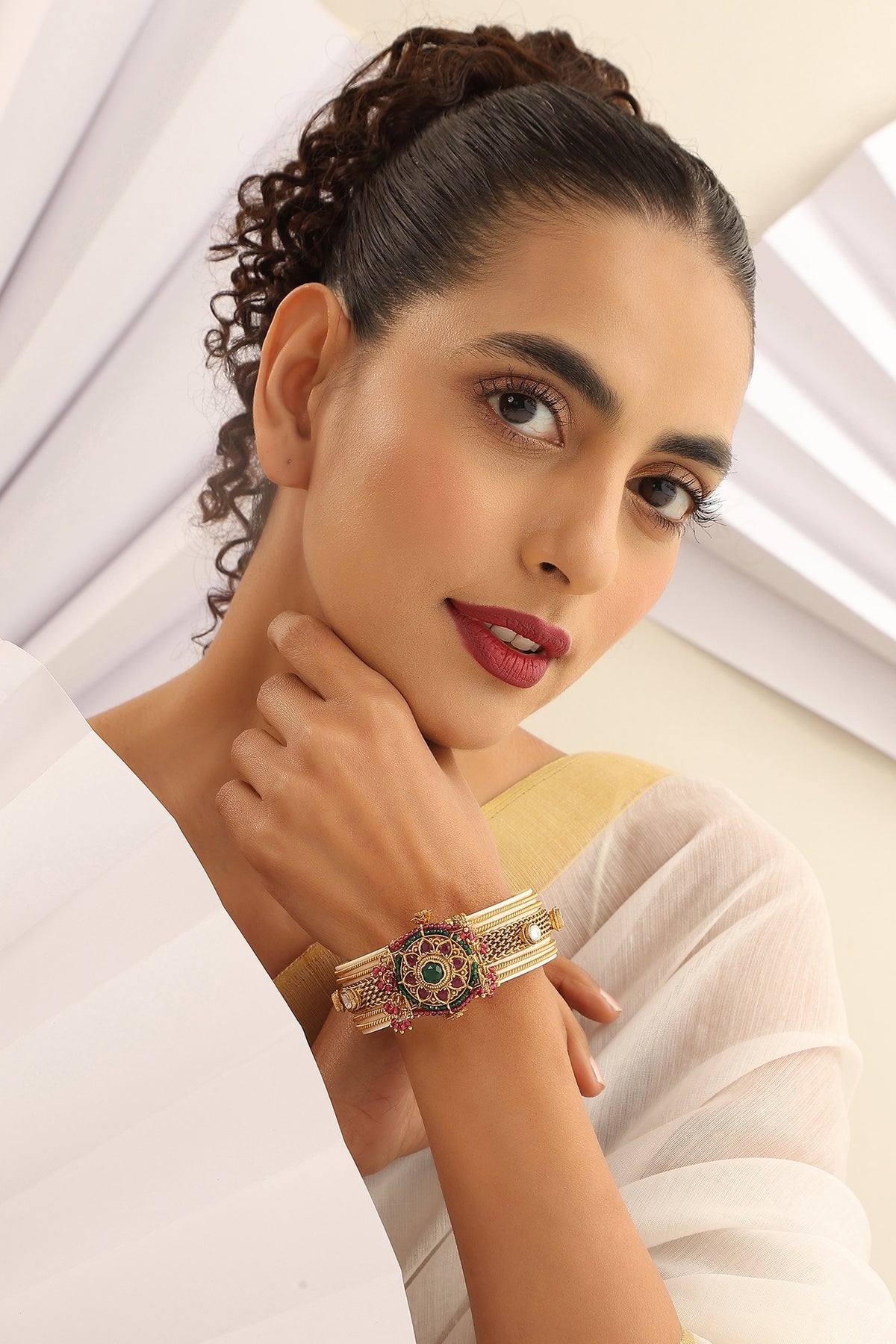 Gold Finish Handcrafted Red & Green Stone Kada