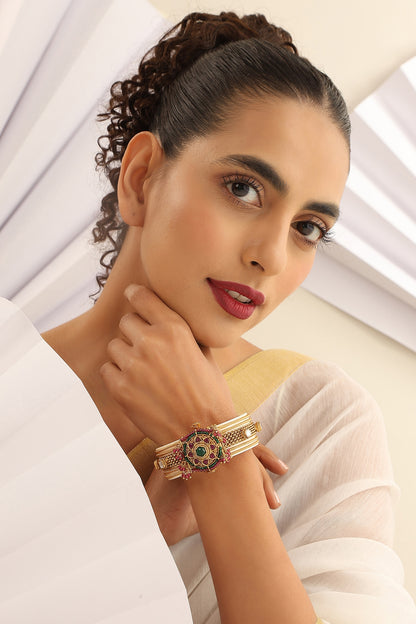 Gold Finish Handcrafted Red & Green Stone Kada