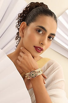 Gold Finish Handcrafted Red & Green Stone Kada