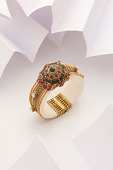 Gold Finish Handcrafted Red & Green Stone Kada
