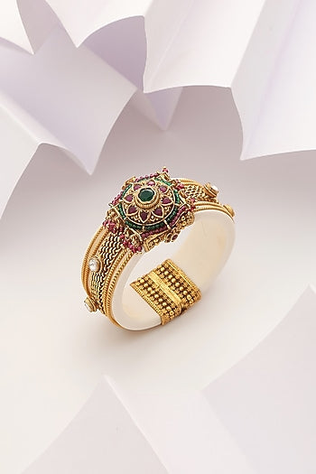 Gold Finish Handcrafted Red & Green Stone Kada