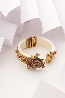 Gold Finish Handcrafted Red & Green Stone Kada