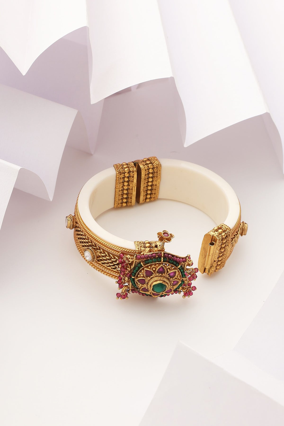 Gold Finish Handcrafted Red & Green Stone Kada
