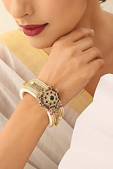 Gold Finish Handcrafted Red & Green Stone Kada
