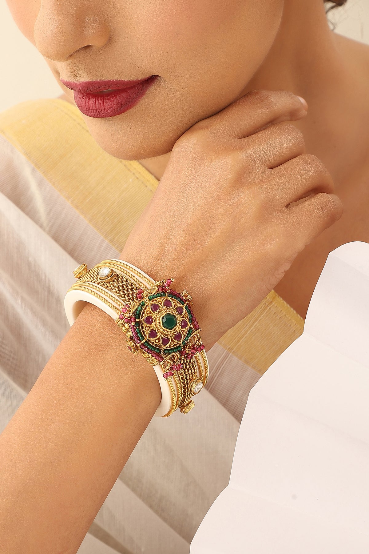 Gold Finish Handcrafted Red & Green Stone Kada