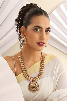 Gold Finish Handcrafted Red & Green Stone Temple Long Necklace Set