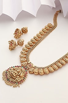 Gold Finish Handcrafted Red & Green Stone Temple Long Necklace Set