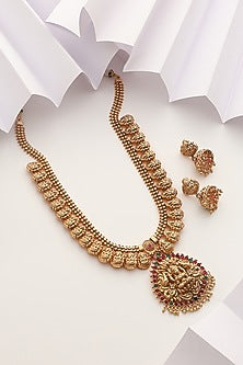 Gold Finish Handcrafted Red & Green Stone Temple Long Necklace Set