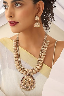 Gold Finish Handcrafted Red & Green Stone Temple Long Necklace Set