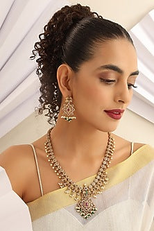 Gold Finish Handcrafted Red & Green Stone Temple Long Necklace Set