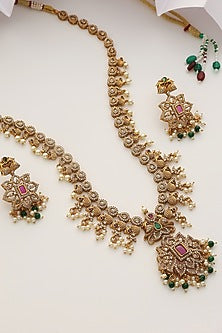 Gold Finish Handcrafted Red & Green Stone Temple Long Necklace Set