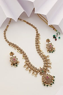 Gold Finish Handcrafted Red & Green Stone Temple Long Necklace Set