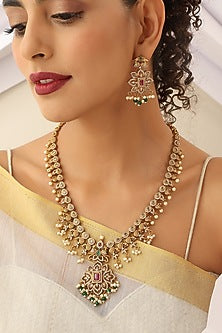 Gold Finish Handcrafted Red & Green Stone Temple Long Necklace Set