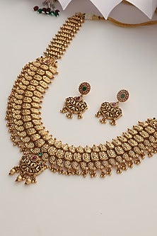 Gold Finish Handcrafted Temple Long Necklace Set