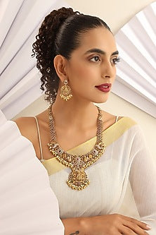 Gold Finish Handcrafted Red & Green Stone Temple Long Necklace Set