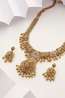 Gold Finish Handcrafted Red & Green Stone Temple Long Necklace Set