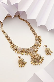 Gold Finish Handcrafted Red & Green Stone Temple Long Necklace Set
