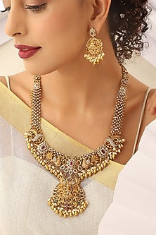 Gold Finish Handcrafted Red & Green Stone Temple Long Necklace Set