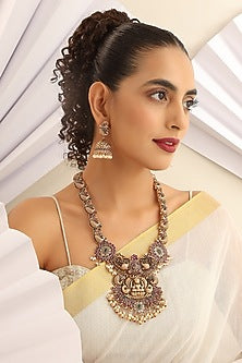 Gold Finish Handcrafted Red & Green Stone Temple Long Necklace Set