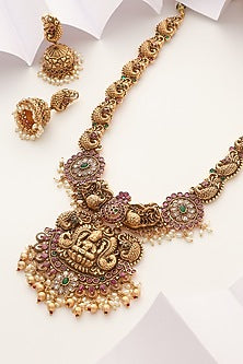Gold Finish Handcrafted Red & Green Stone Temple Long Necklace Set