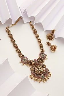 Gold Finish Handcrafted Red & Green Stone Temple Long Necklace Set