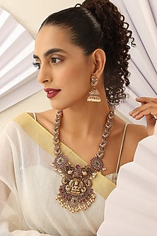 Gold Finish Handcrafted Red & Green Stone Temple Long Necklace Set