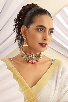 Gold Finish Handcrafted Red & Green Stone Temple Choker Necklace Set