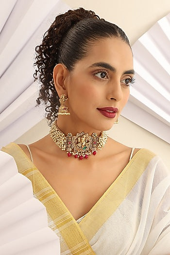 Gold Finish Handcrafted Red & Green Stone Temple Choker Necklace Set