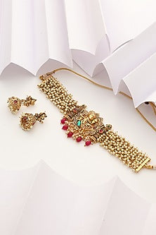 Gold Finish Handcrafted Red & Green Stone Temple Choker Necklace Set