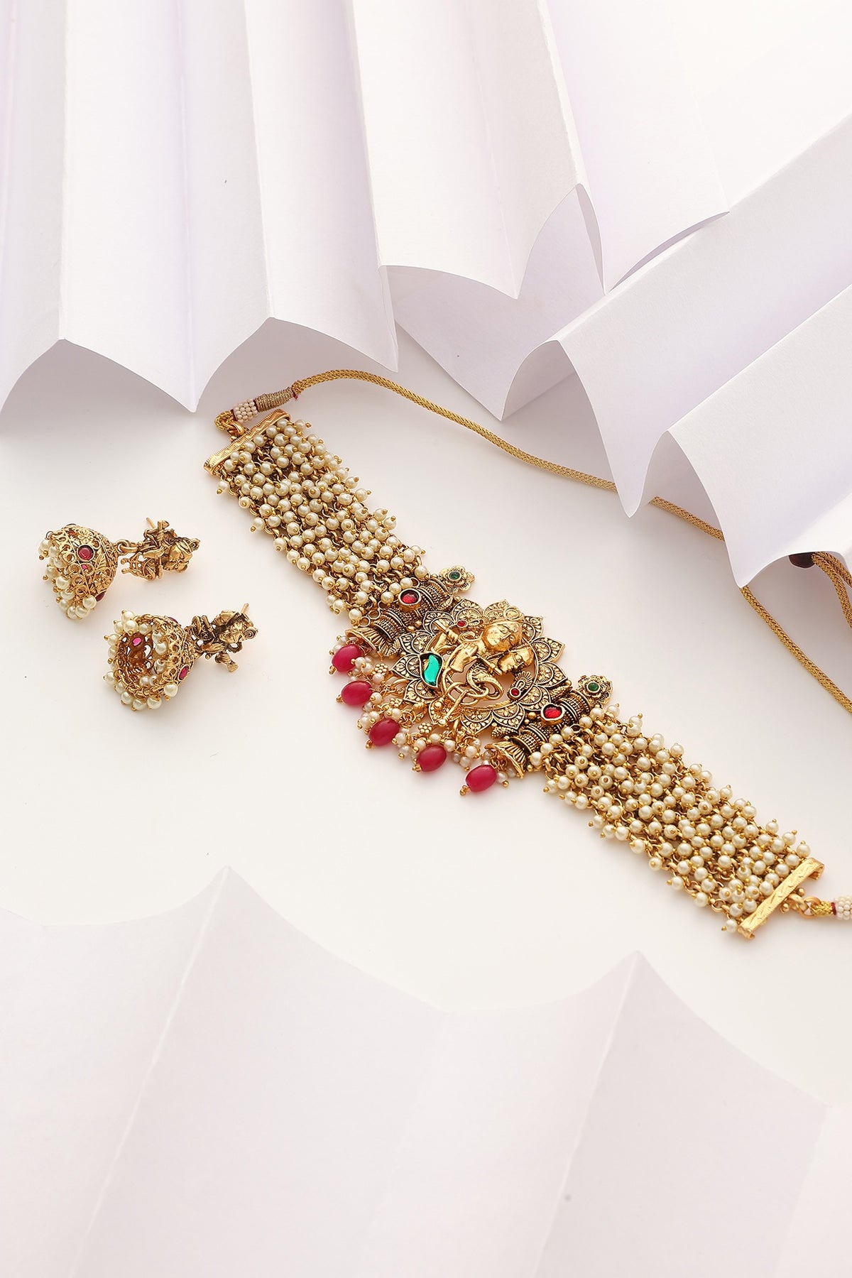 Gold Finish Handcrafted Red & Green Stone Temple Choker Necklace Set