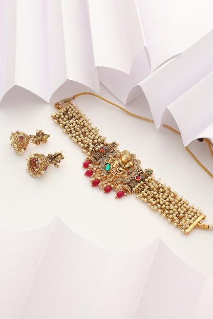 Gold Finish Handcrafted Red & Green Stone Temple Choker Necklace Set