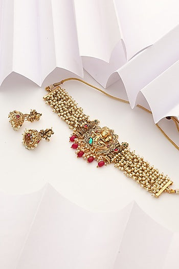 Gold Finish Handcrafted Red & Green Stone Temple Choker Necklace Set