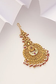 Gold Finish Red Stone Temple Maangtikka