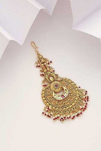 Gold Finish Red Stone Temple Maangtikka