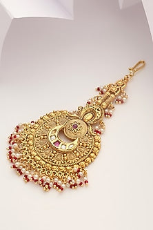 Gold Finish Red Stone Temple Maangtikka