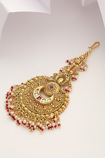 Gold Finish Red Stone Temple Maangtikka