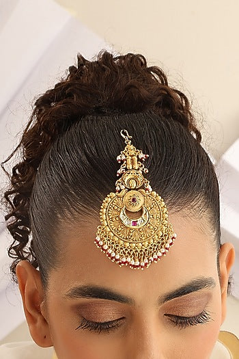 Gold Finish Red Stone Temple Maangtikka